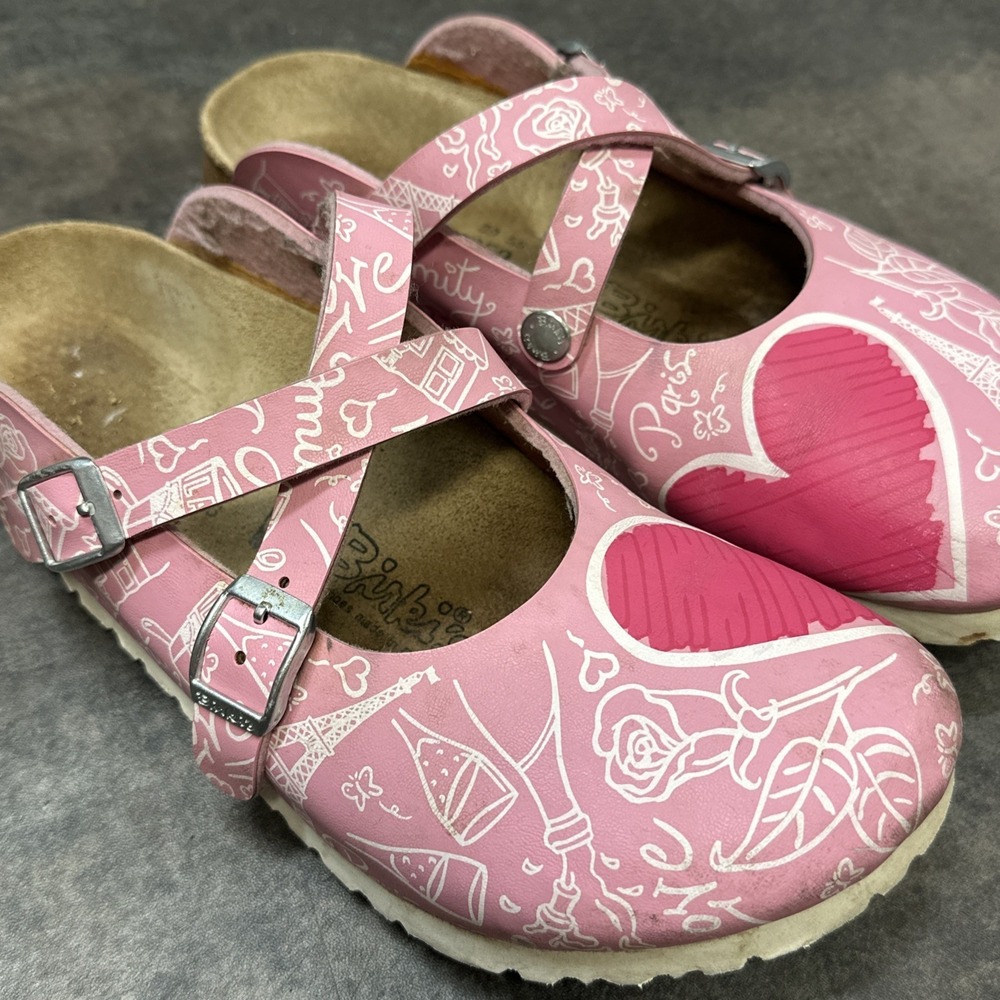 Birkis Dorian Clogs Size 39 Birko-Flor Pink Paris Heart Rose Love Women's 8 Rare - Picture 2 of 10